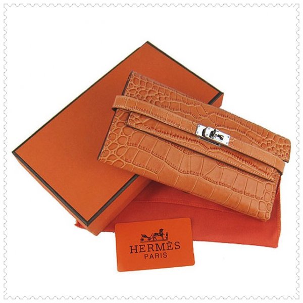 Hermes Kelly Wallet Crocodile Leather Orange